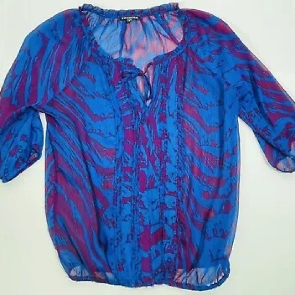 Express Blue & Magenta Sheer Abstract Peasant Blouse Size M – Boho Chic Flow Top - Picture 5 of 9